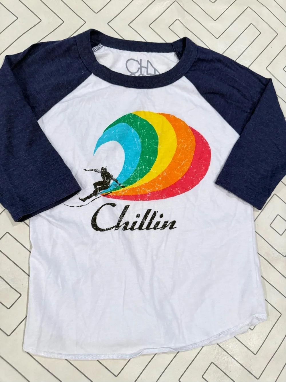 Chaser Chillin Raglan Tee in Navy & White with Rainbow Wave